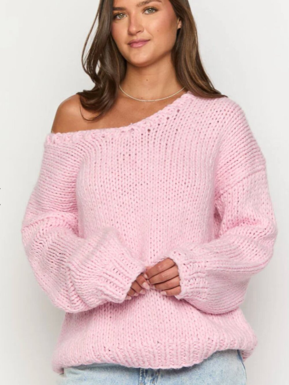 Beginning Boutique Light Pink Chunky Knit Off Shoulder Sweater (NWT) - Small